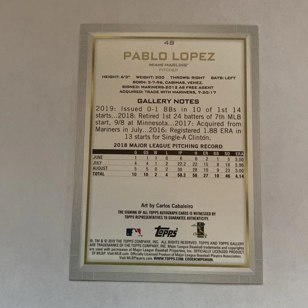2019 Topps Gallery Pablo Lopez Marlins Rookie Autograph #48 (045)